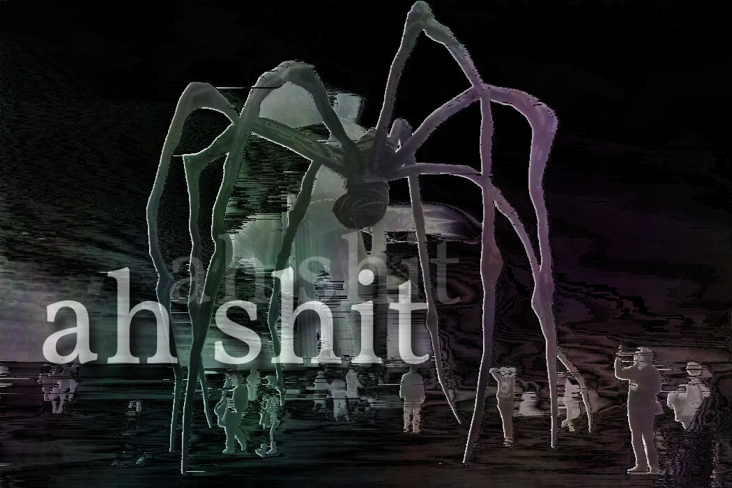 glitched spider sculpture. foreground has old-style serifed text reading 'ah shit'